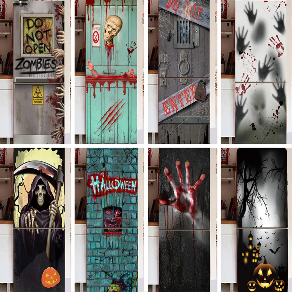 

Removable Happy Halloween Stickers For Fridge Blood Hands Pumpkin Zombie Skull Home Bathroom Toilet Horror Windows Wall Sticker