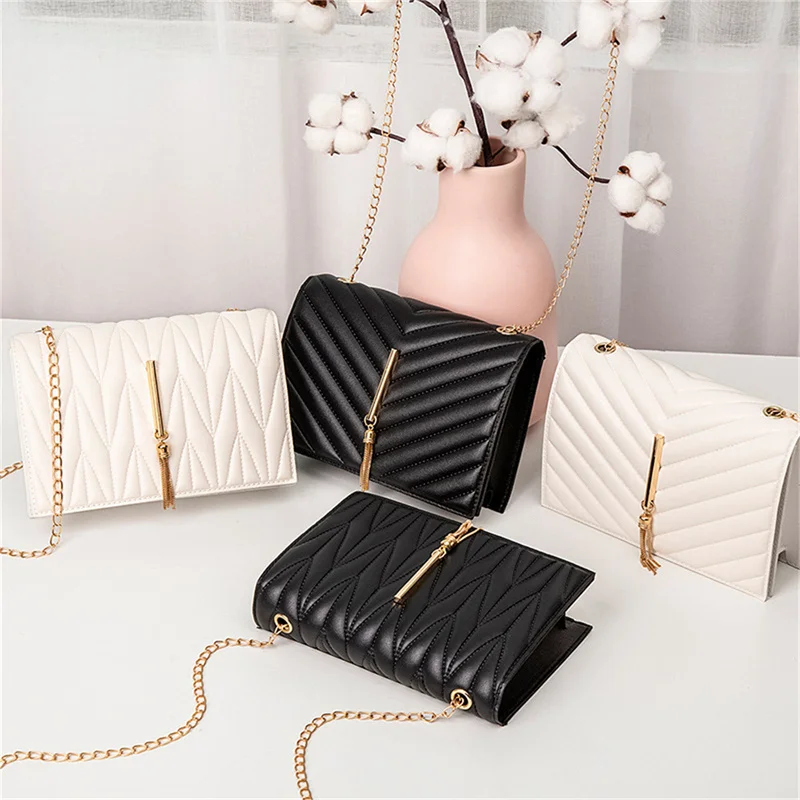 

New Women PU Leather Trend Lingge Chian Handbags Fashion V Pattern Lattice Small Shoulder Bag Black White Travel Crossbody Bags