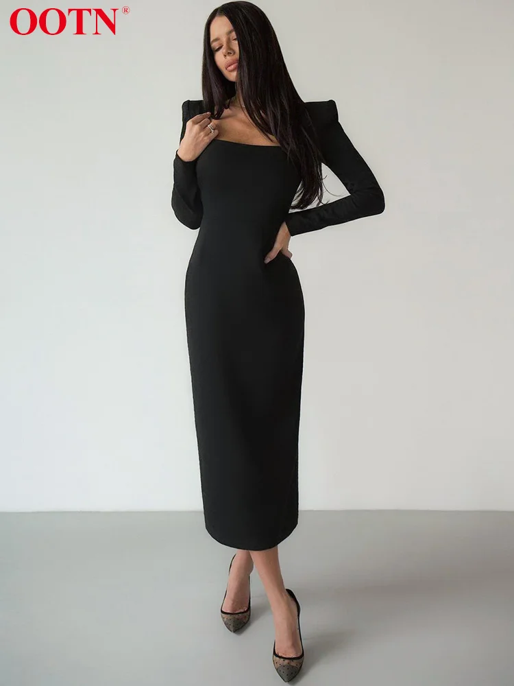 

Черное облегающее платье стрейч с квадратным вырезом и длинным рукавом, женские платья, весеннее однотонное сексуальное платье с разрезом и икры