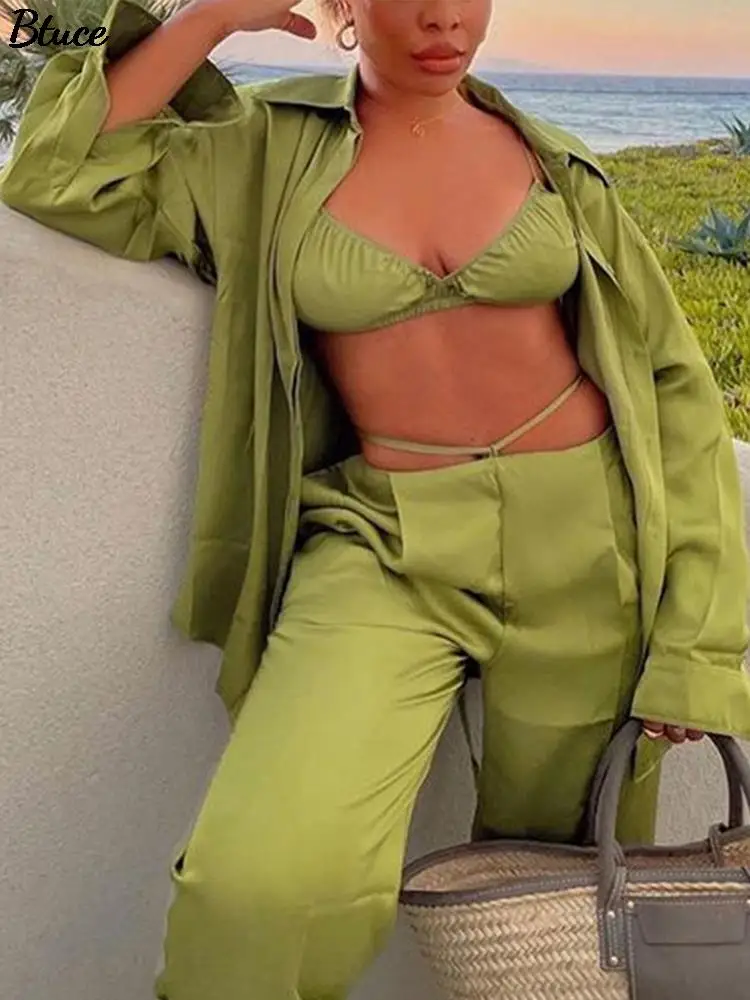 

Women Satin Sexy Vest 3 Piece Sets 2022 Spring Summer Female Casual Wide Leg Trousers Suit Long Sleeve Shirt And Vest Outfits