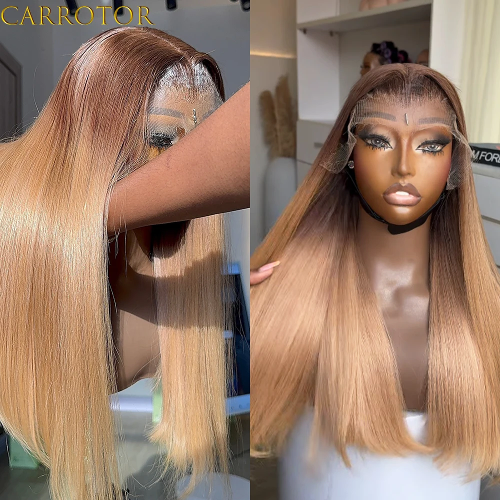 Фото Парик из натуральных волос 4/27 Honey Blonde, прямой, с прозрачной кружевной передней частью 13x4, 250% плотность, без клея, предварительно прорезанный, для женщин №2