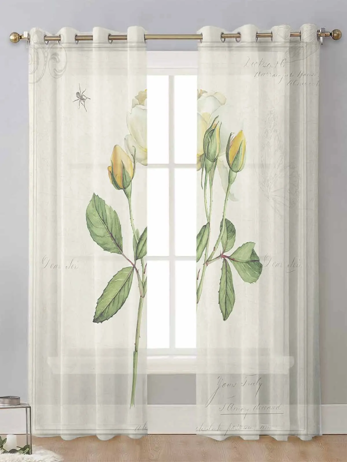 

Vintage Country Plant White Rose Sheer Curtains For Living Room Window Voile Tulle Curtain Cortinas Drapes Home Decor