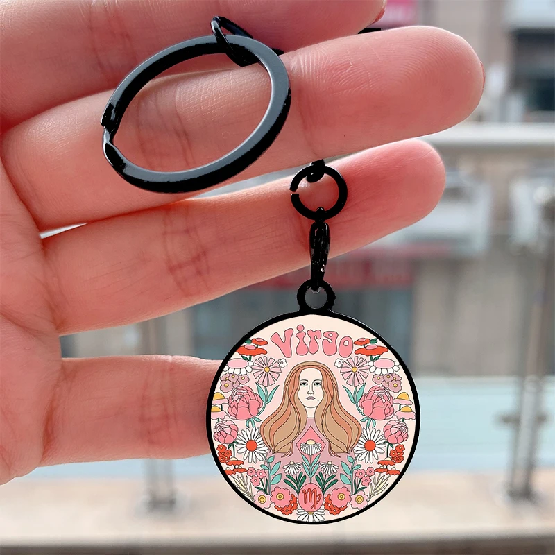 

Fashion Virgo retro florals zodiac Cool Key Tag Motorcycles Cars Backpack Chaveiro Keychain For Friends Key Ring Accessories