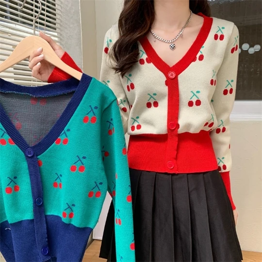 

New Button Knit Cherry Cardigans Sweaters V-Neck Long Sleeve Fungus Tops Knitwear Women's Sweater Cardigan Coat Cloth Suéter