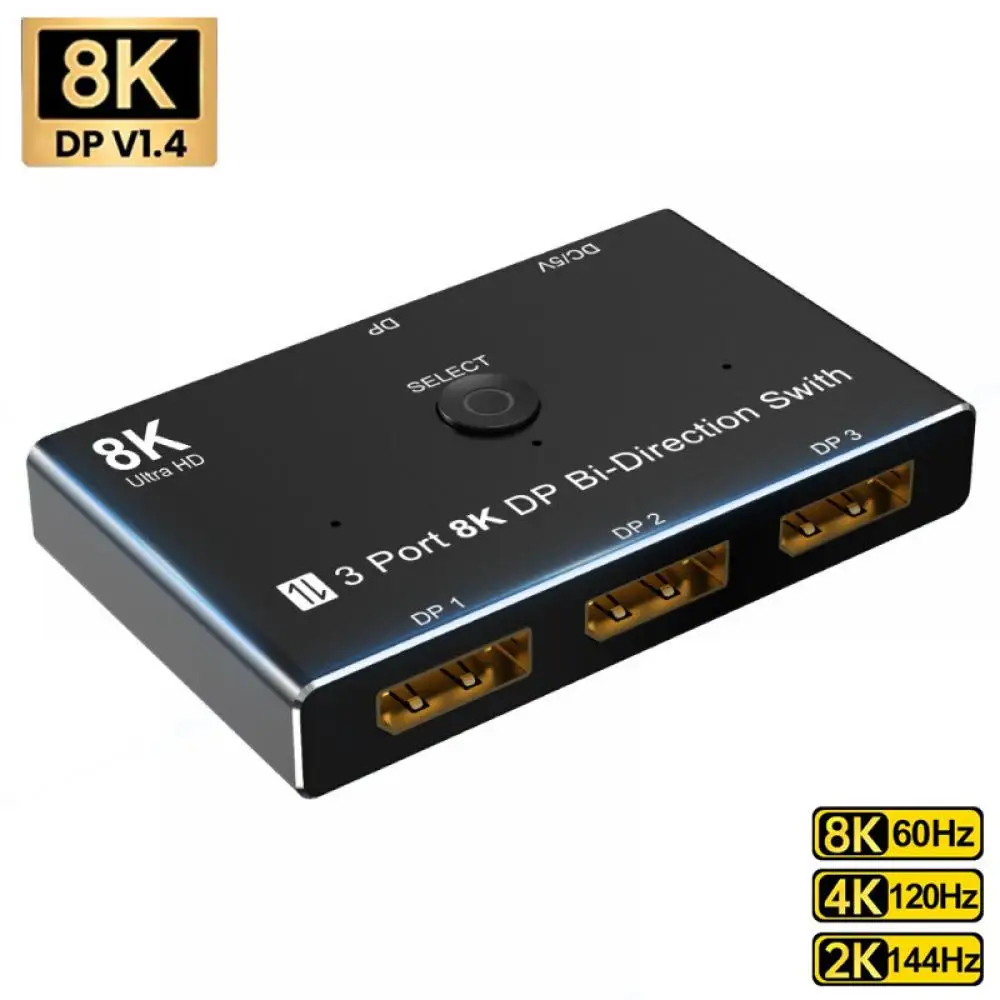 

8K Displayport Switch 3 Port 1X3 1x2 Bi-Directional Switcher DP 1.4 8K 60Hz DP 1.2 4K 120Hz/144Hz Splitter Adapter for PS5 HDTV