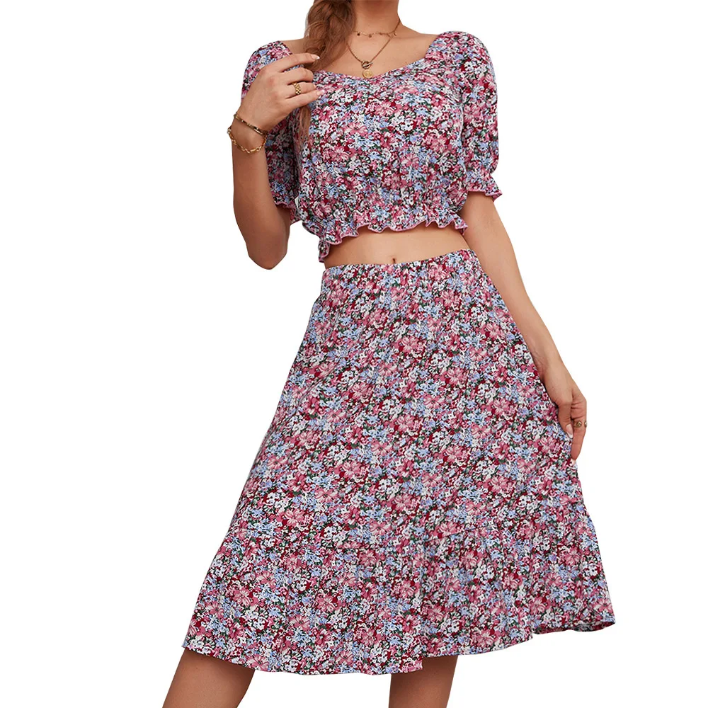 

Floral 2 Piece Skirts Sets Women Ruched Patchwork Crop Tops Outfits 2022 New Fashion Vintage Elegant Sexy Long Skirt Suit Summer
