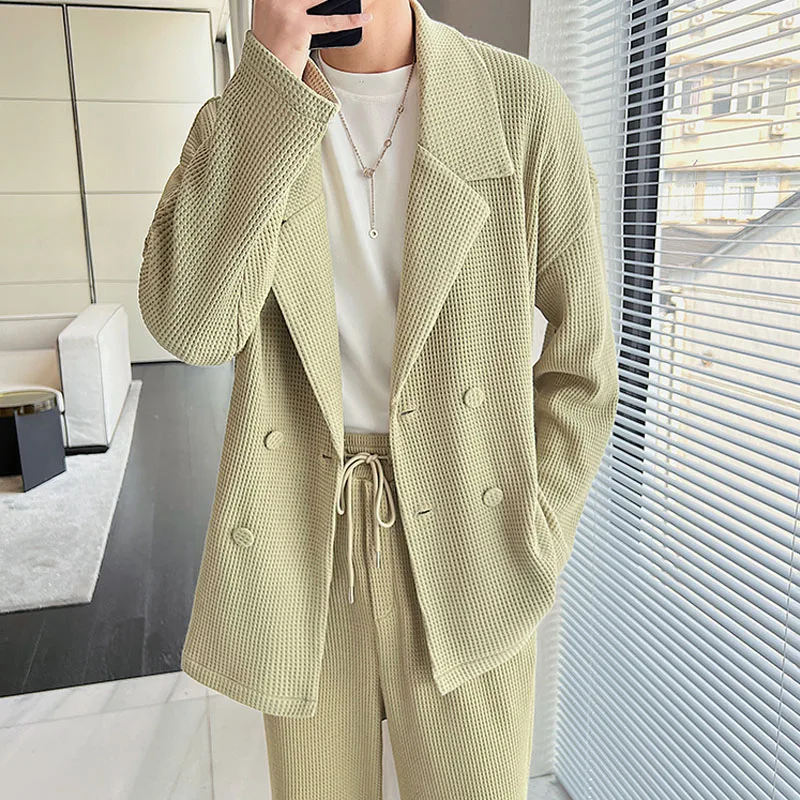 

Men Oversize Knitted Thin Suits Japan Korean Vintage Loose Casual Streetwear Fashion Suit Sets Jacket Blazer Pant Male Tracksuit