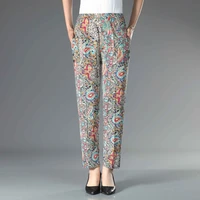 womens summer cropped pants 2022 korean fashion floral printed elastic high waist straight pant casual loose grandma trousers