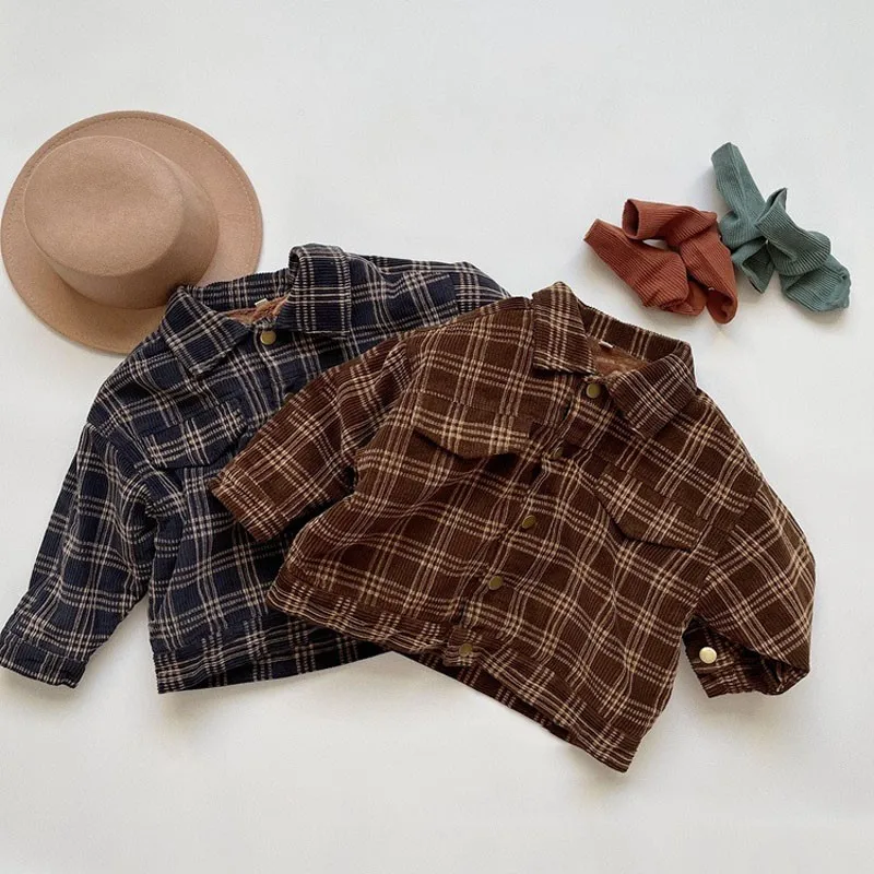 

Children Boy Plaid Corduroy Turn-down Collar Coat Baby Unisex Casual Thick Jacket Girls Simple Retro Plush Soft Cotton Outwear