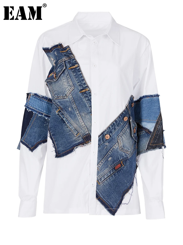 [EAM] Women White Denim Irregular Big Size Blouse New Lapel Long Sleeve Loose Fit Shirt Fashion Tide Spring Autumn 2023 28A00380