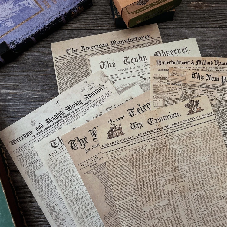 

8PCS A5 Junk Journal Vintage English Old Newspaper Card TN DIY Scrapbooking Collage Gift Decoration Material