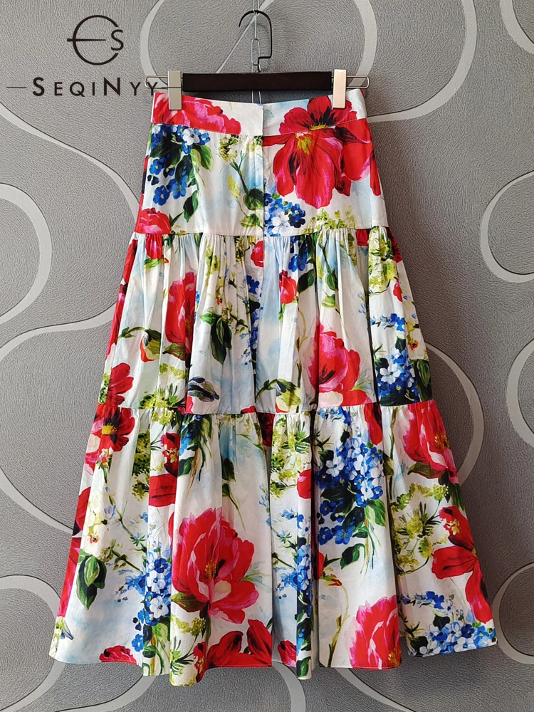 SEQINYY 100% Cotton Skirt Summer Spring New Fashion Design Women Runway High Quality Vintage Flowers Print A-Line Elegant