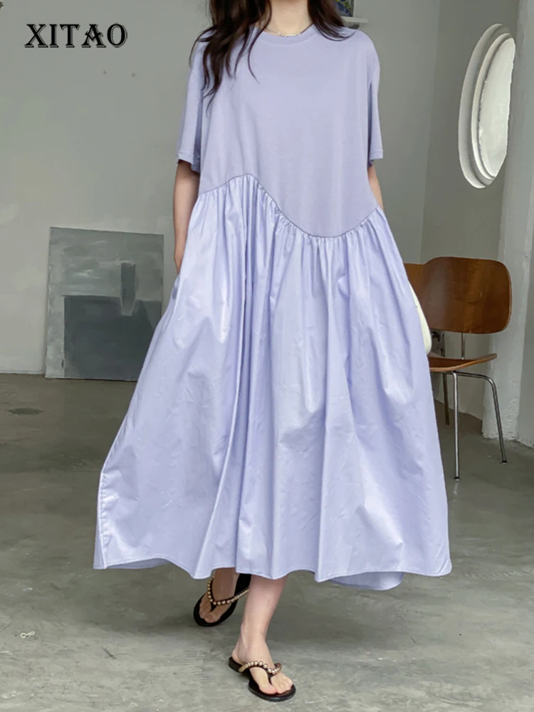 

XITAO Korea Dress Fashion Casual O-neck Pullover Patchwork Folds Solid Color Simple Loose New Arrival Women WMD6272