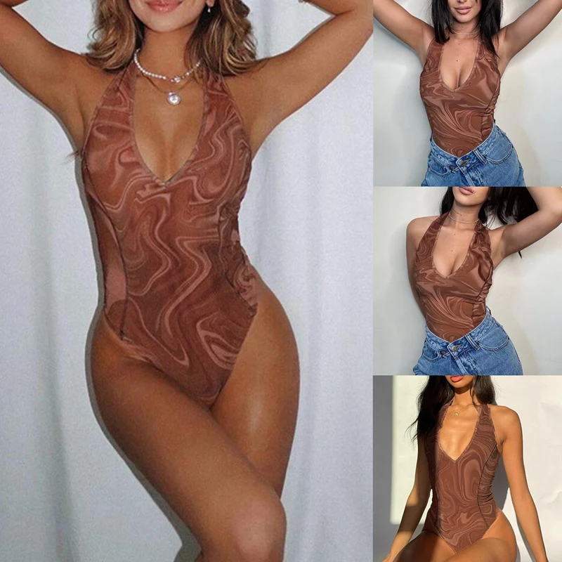 

ASDS-Summer Sexy Halter Slim Bodysuit Women Fashion Printing V Neck Sleeveless Backless Street Party Body Suit