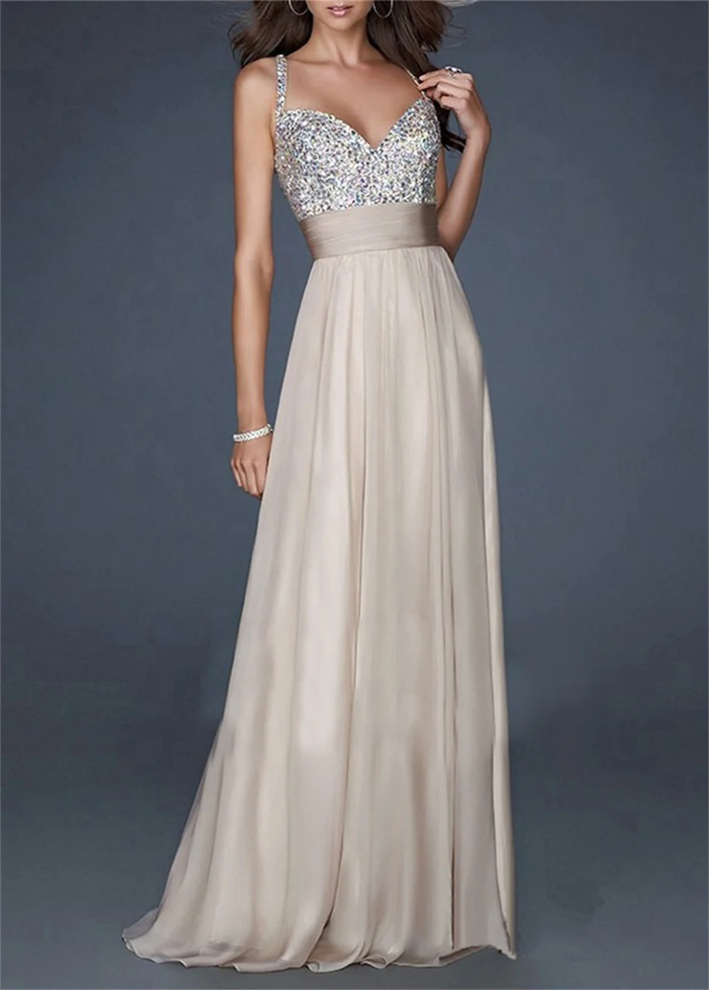 Women Chiffon Party Dress Sexy Spaghetti Deep V-neck Dress Fashion Slim Waist Sequins Patchwork A-Line Prom Evening Dresses