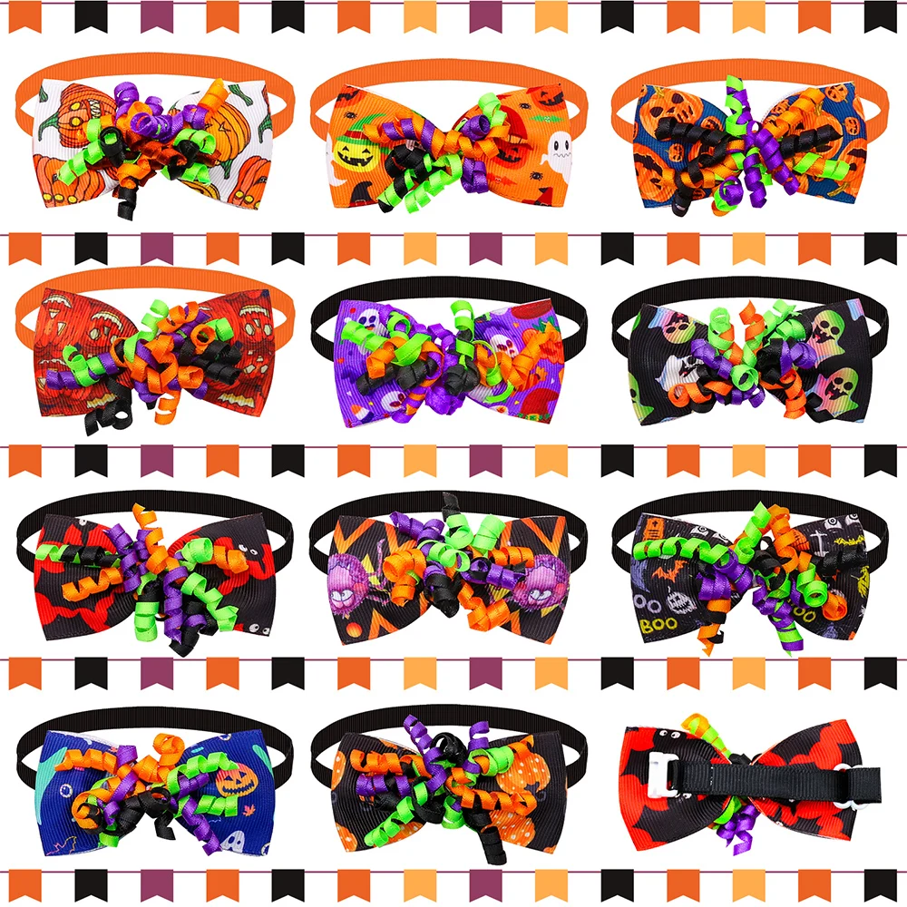 

12pcs Autumn Dog Bow Ties Dog Neckties With Ghost Pumpkin Halloween Grooming Adjustable Dog Collar For Small Dog Pet Accessories