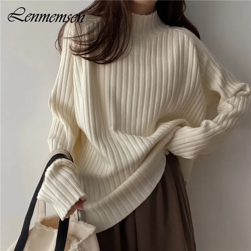 

Lenmemsen Autumn High Street Basic Knitted Sweater Women Mock Neck Long Sleeve Pullover Female Lazy Wind Loose Solid Knitwear