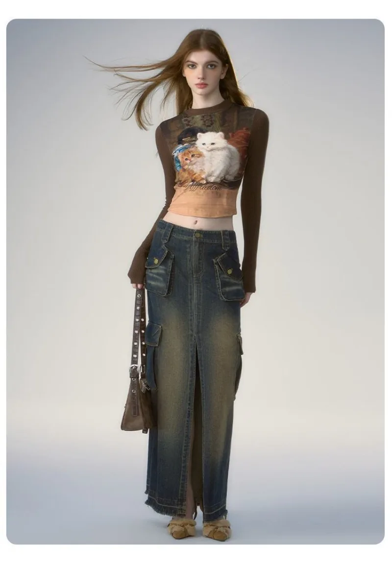 Y2k Cat Print с длинным рукавом Kawaii Slim Fit Hotsweet укороченные топы футболки круглым
