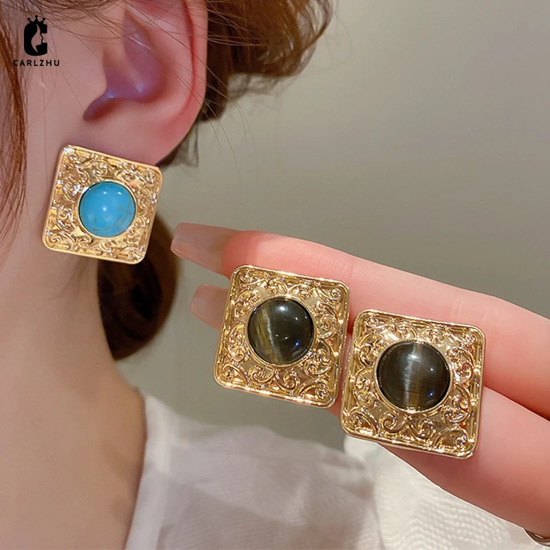 

Real Gold Plated Medieval Retro Relief Enamel Square Stud Earrings for Women Personalized Fashion Temperament Party Jewelry