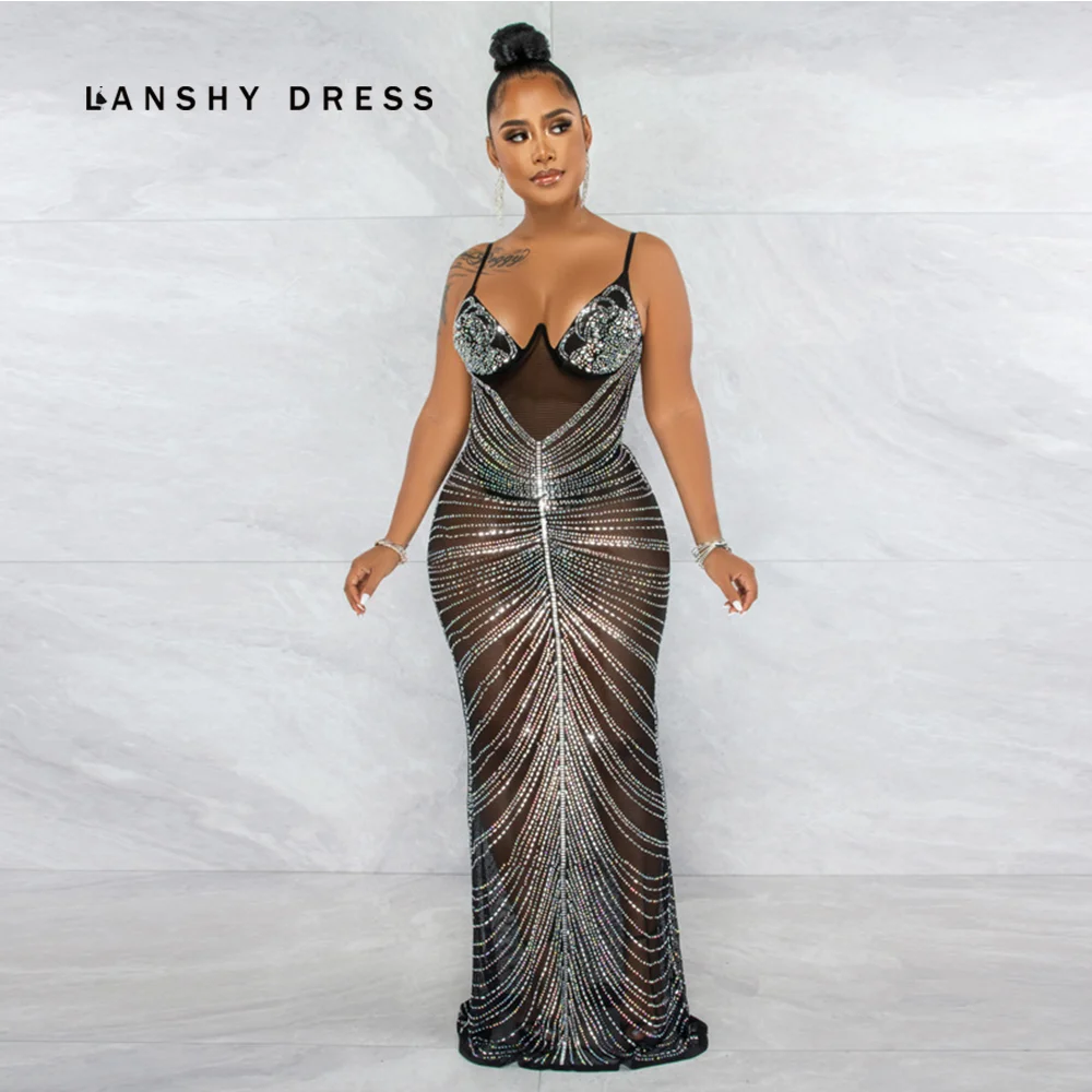 

Lanshy Novelty Chic Design Dress Solid Diamond Spaghetti Strap Sexy Night Party Maxi Dress Vestidos For 2022 Novelty Chic
