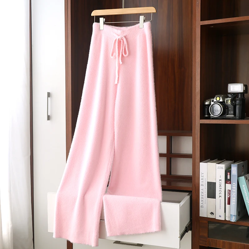 Женские широкие брюки из кашемира однотонные вязаные удобные мягкие длинные