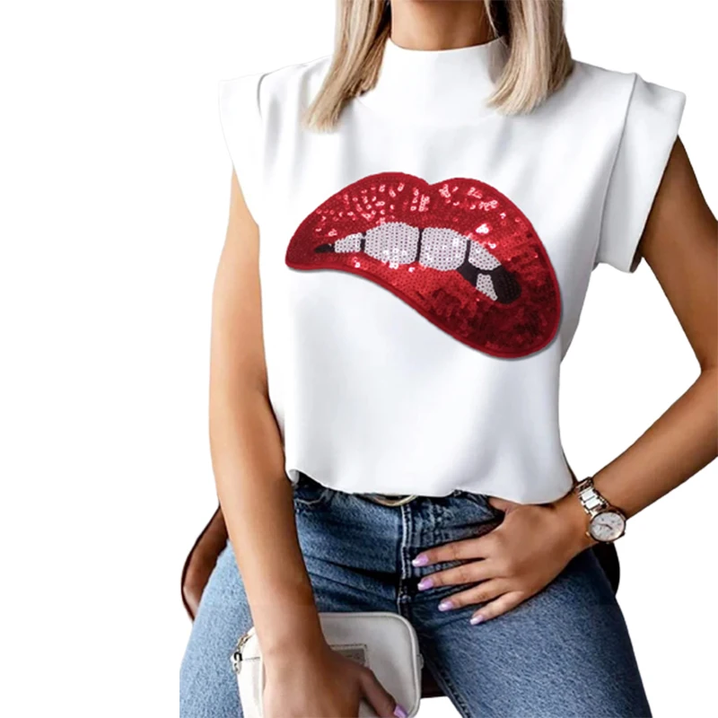 

Uoozee Women Stylish Kiss Lip Applique Embroidered High-Neck Casual T-Shirts Summer Cap Sleeve Simple Funny Tops 2023 New