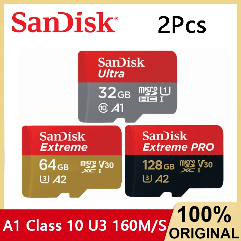 

SanDisk 2Pcs Memory Card A1 Class 10 U3 160M/S Micro SD TF Card 32GB 64GB 128GB 256GB flash card Memory Microsd TF/SD Card