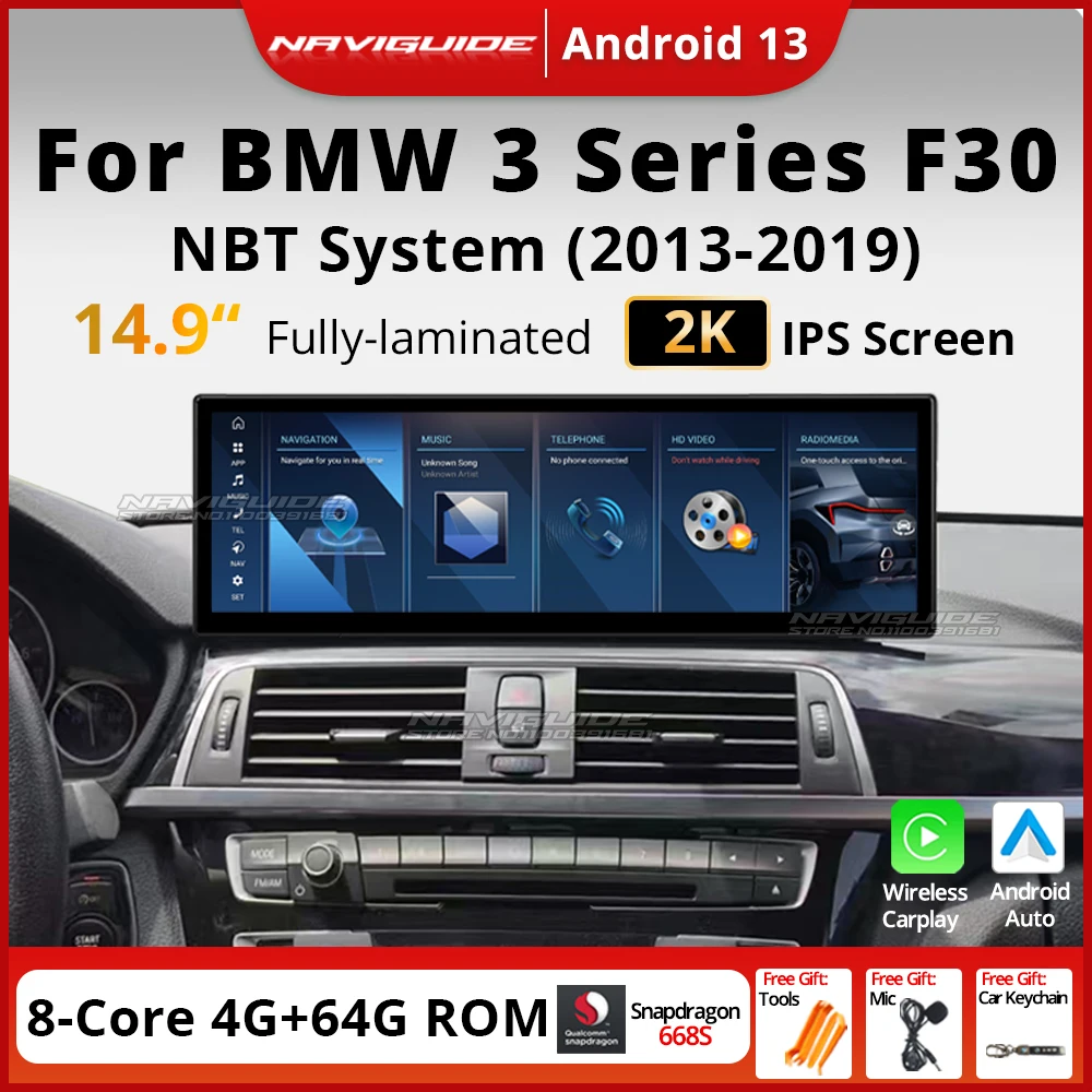 NAVIGUIDE 14 9 дюйма Android BT Carplay для BMW 3 серии 4 F30 F31 NBT Система Android14 Мультимедийный плеер