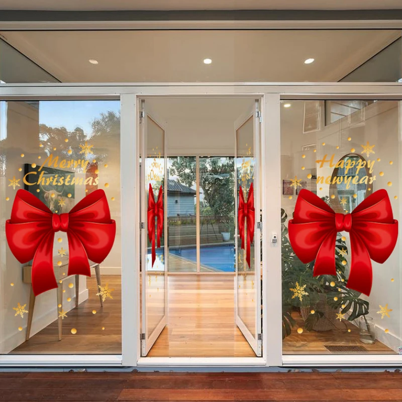 

Shopping Mall Window Door Glass Decoration Sticker Merry Christmas English Letter Red Ribbon Bow Snowflake Electrostatic Sticker