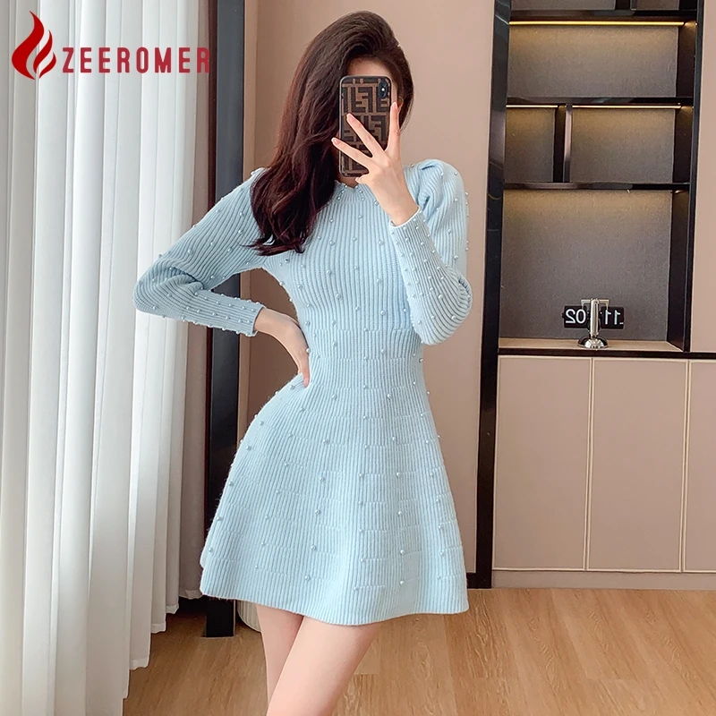 

ZEEROMER 2023 New Autumn Winter Fashion Beading Knitted Sweater Dress Women O-Neck Puff Long Sleeve Solid Slim A Line Mini Dress