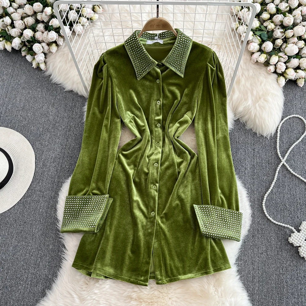 

Женское винтажное мини-платье Amolapha с отложным воротником и длинным рукавом, с бисером