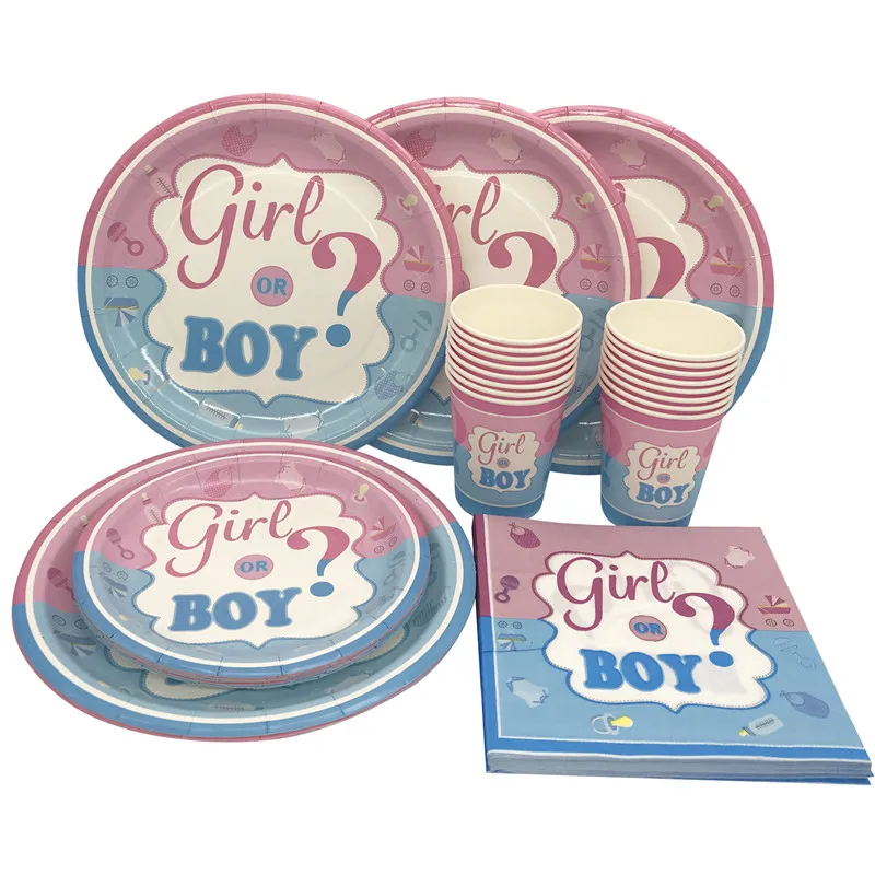

Gender Reveal Party Disposable Tableware Boy Or Girl Paper Plates Cup Napkins Tablecloth Birthday Baby Shower Decoration Supplie