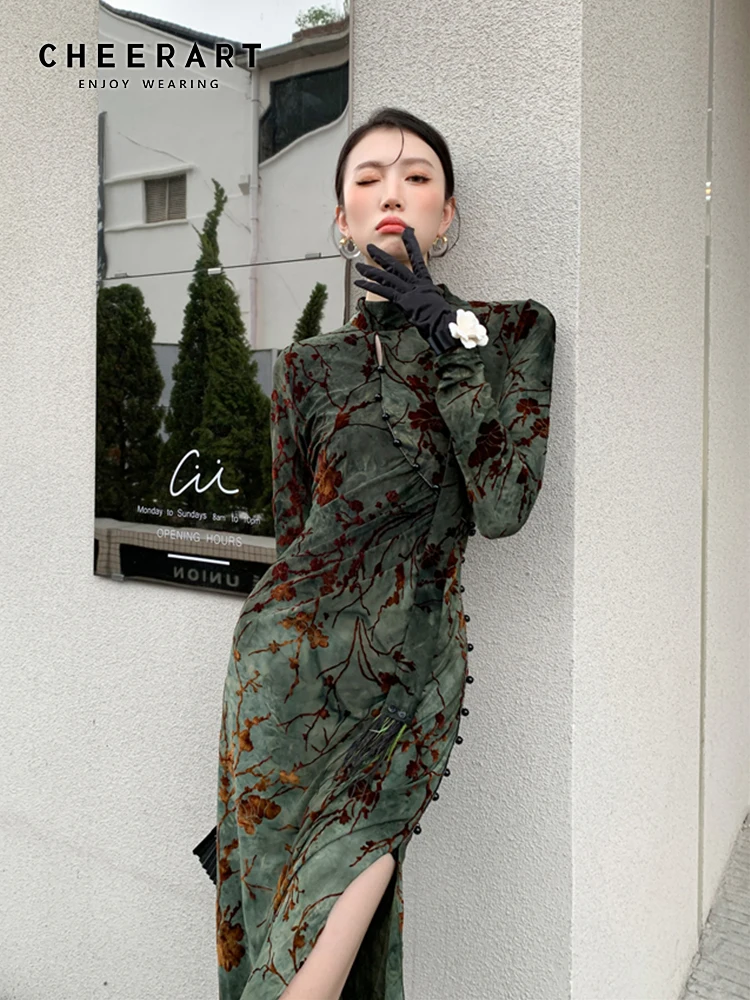 

CHEERART Vintage Green Floral Bodycon Cheongsam Dress Long Sleeve Midi Ladies High Slit Qipao Dresses Womens Fashion Clothes