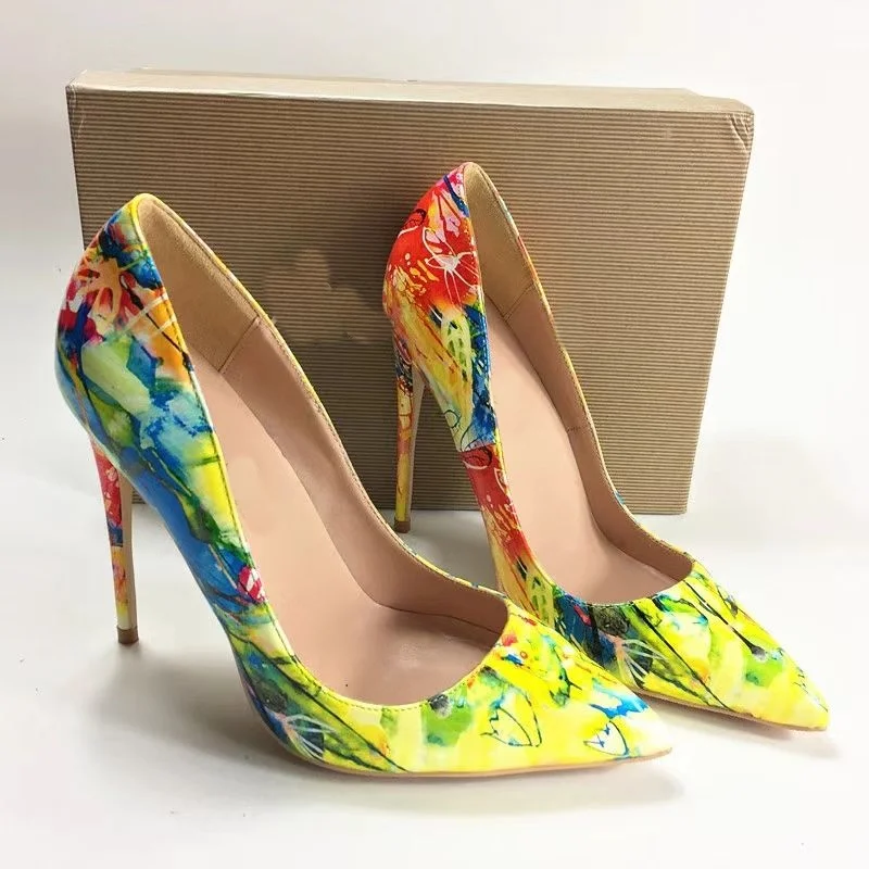 Желтые туфли-лодочки без шнуровки с цветочным узором модные пикантные туфли на