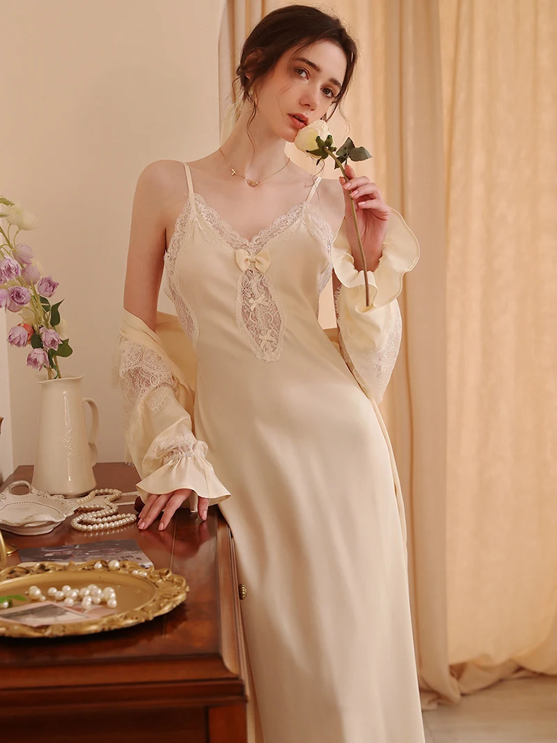 French Silk Robe Backless Nightdress Spring Feminine Lace Sexy Two-piece Sleepwear Set Victorian Pajamas for Women Home Clothes
