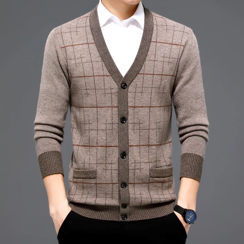 

100 Pure Wool Men's High-End Knitted Cardigan Coat Winter Thickened Plaid Jacquard Casual Dinified Sweater Coat