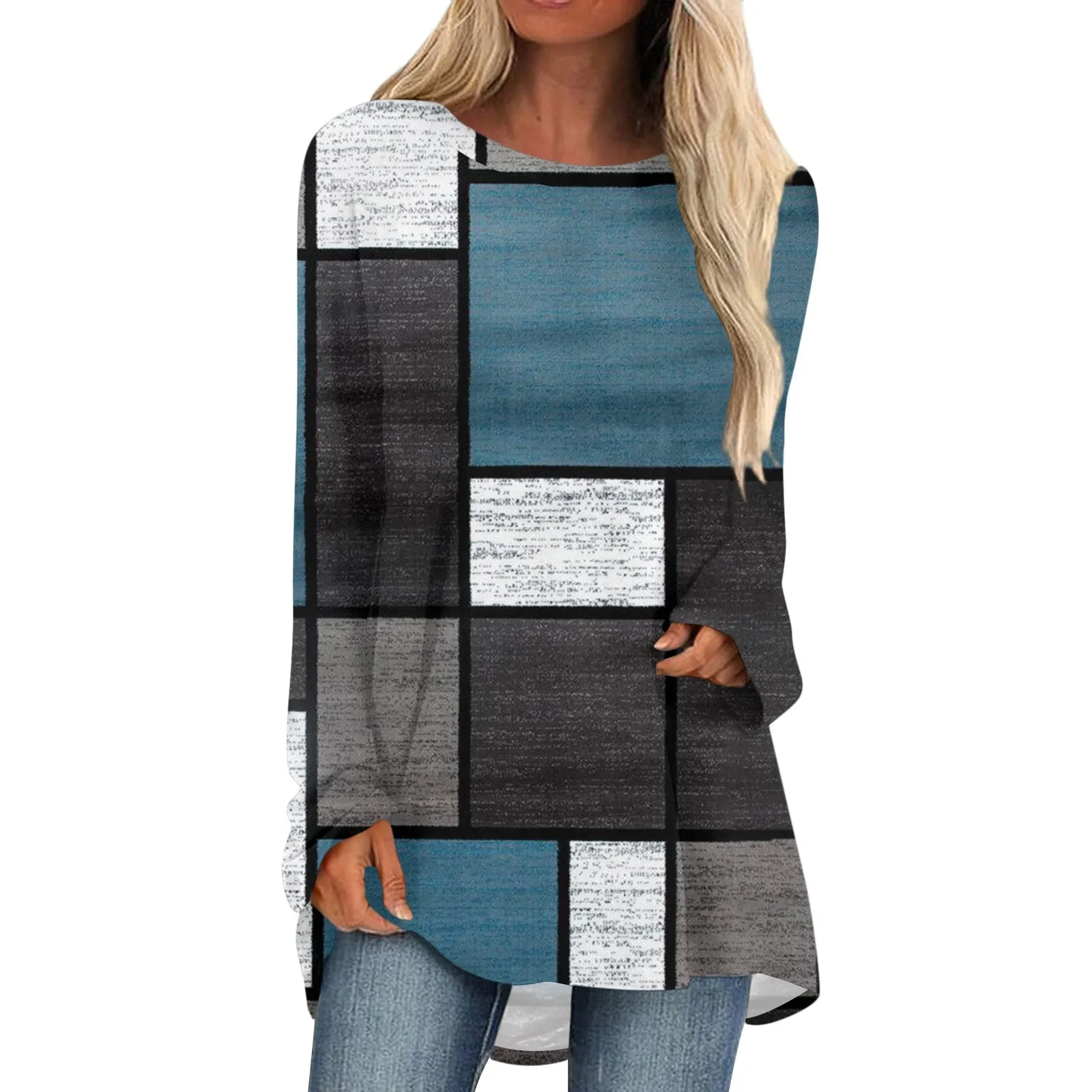 

Women Pullovers European And American Style Fashion Color Block Long Sleeve Top Casual Geometric Tunic Tops Crewneck T Shirts