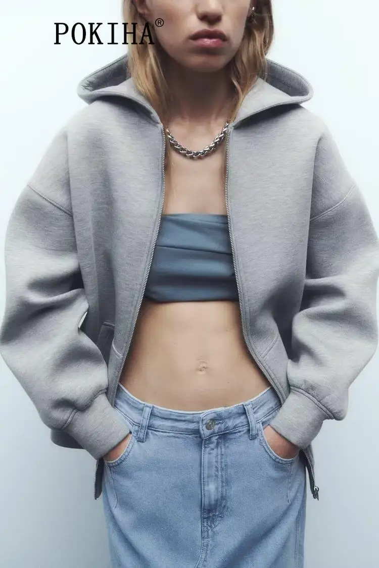 

Pokiha модная женская Новая повседневная куртка с капюшоном, пальто, винтажная женская верхняя одежда с длинным рукавом и молнией спереди, шикарные топы