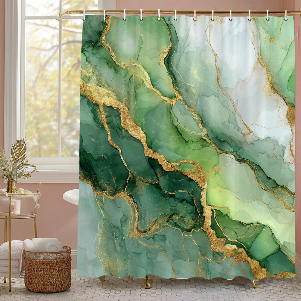 Фото Занавеска для душа Green Marbled Flow Art, декоративная занавеска для душа в ванной комнате, водонепроницаемая занавеска для душа с крючками №1