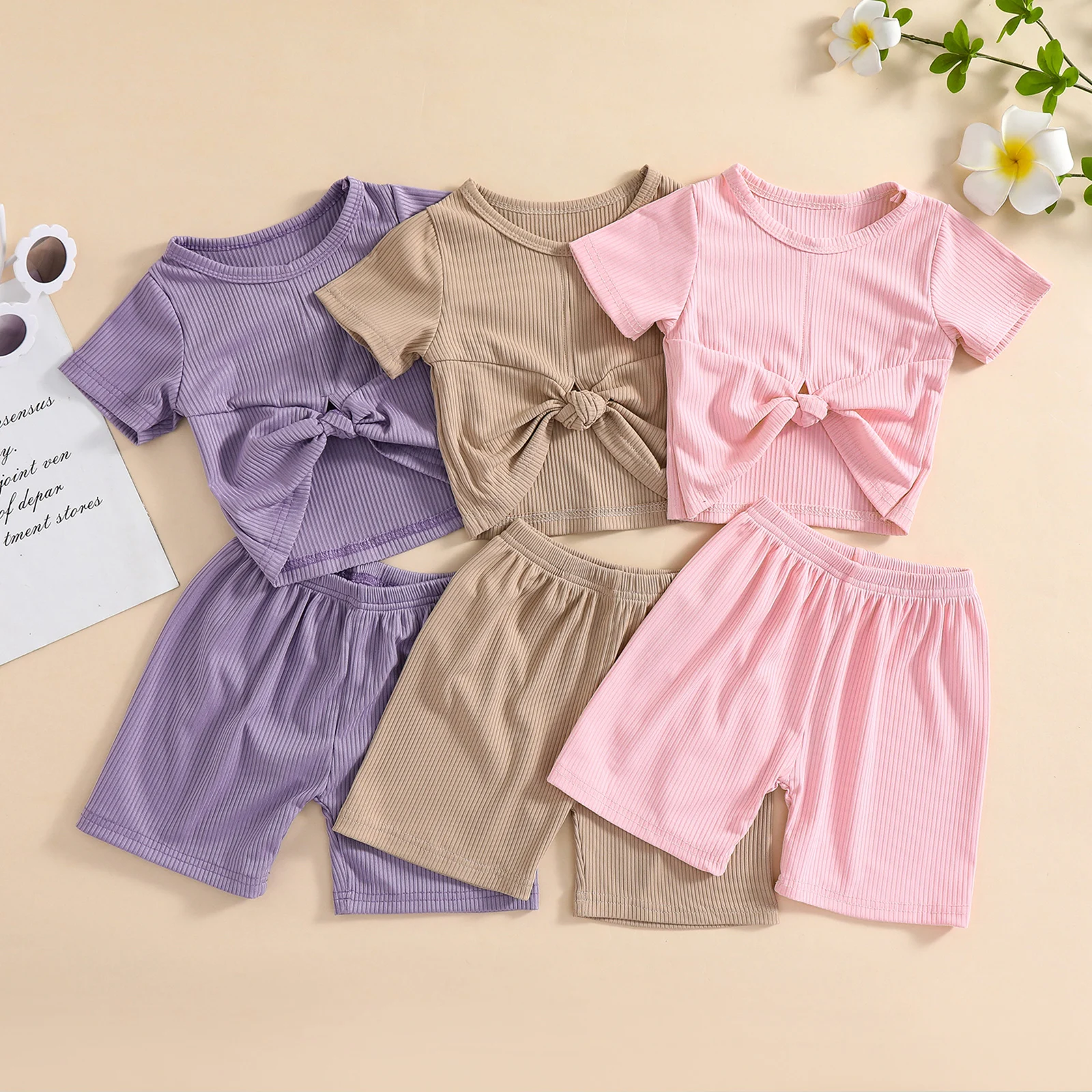 Short Sleeve Collect Waist T Shirts 3 Colors Toddler Summer Baby Girls Clothes Sets Outfits 1-5Y Solid Conjunto Infantil Menina enlarge