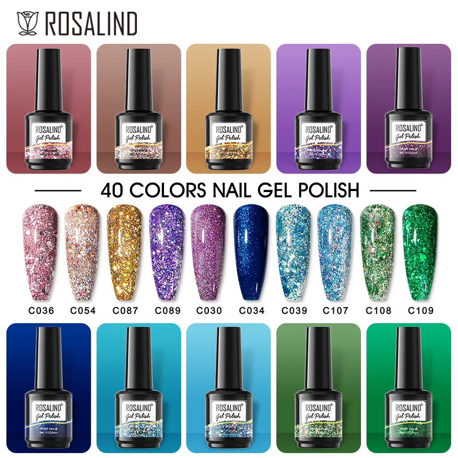 

ROSALIND 9ml Glitter Nail Gel Polish Hybrid Varnish Semi Permanent UV Gel Nail Art Manicure Base Top Cat Eye Gel Nail Polish New