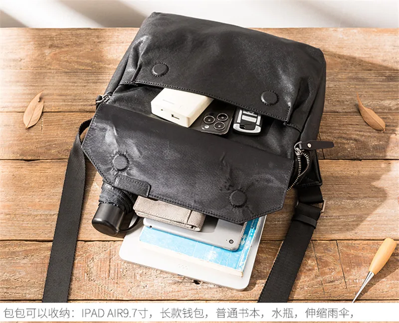 Fashion casual luxury genuine leather men's black messenger bag outdoor work commuting natural real cowhide tablets shoulder bag