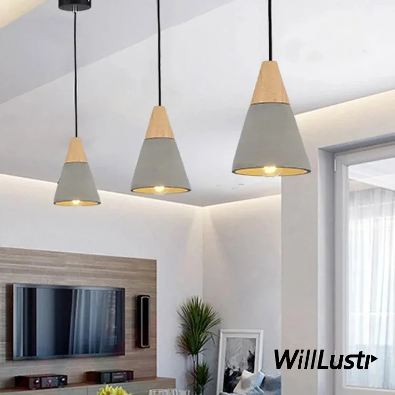 Подвесная лампа из натурального дерева и бетона в скандинавском стиле