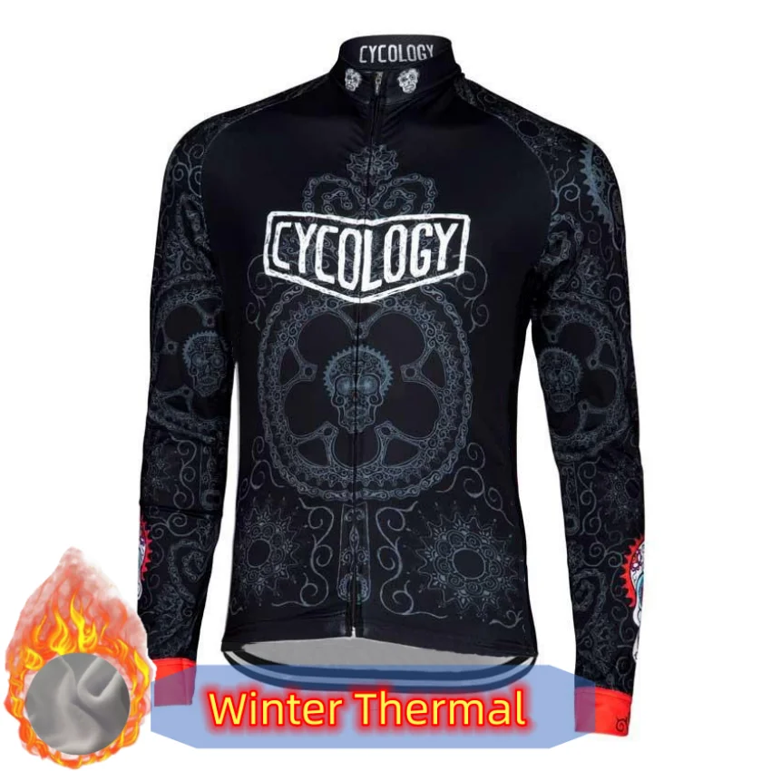 

Winter Long Sleeve Cycling Jersey Black Men's Bike Clothing Bicycle Heated Jacket Pro Team Spring Clothes MTB Green Skull 2023