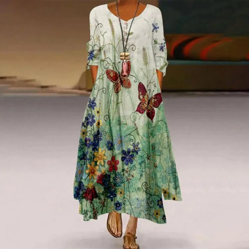 

Beautiful Elegant Dress Thin Tunic Dress Half Sleeve Retro Floral Pattern Evening Party Long Dress Dressing Up