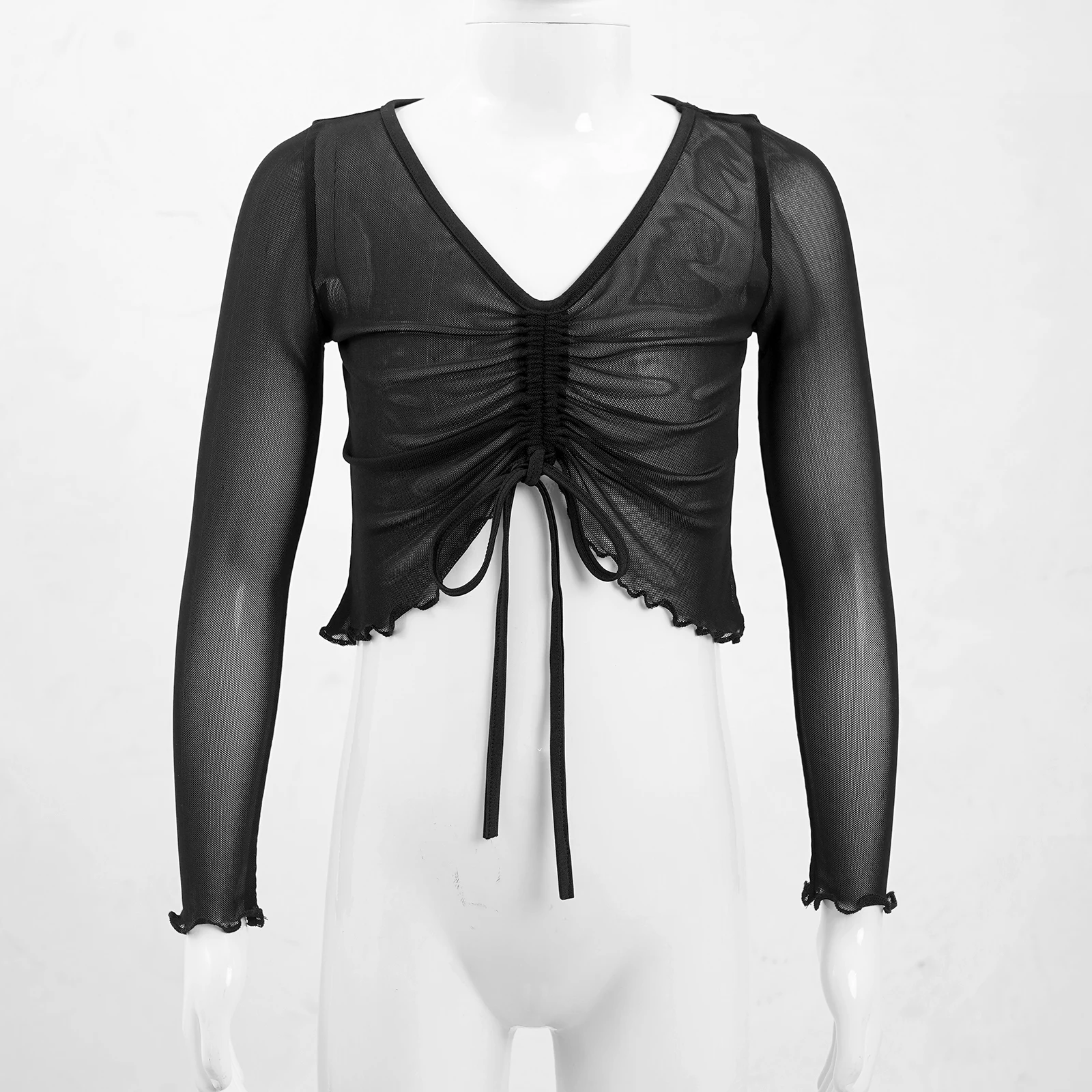 

Детские прозрачные сетчатые топы с V-образным вырезом и длинным рукавом, на шнуровке спереди, танцевальная накидка, топы, летние костюмы