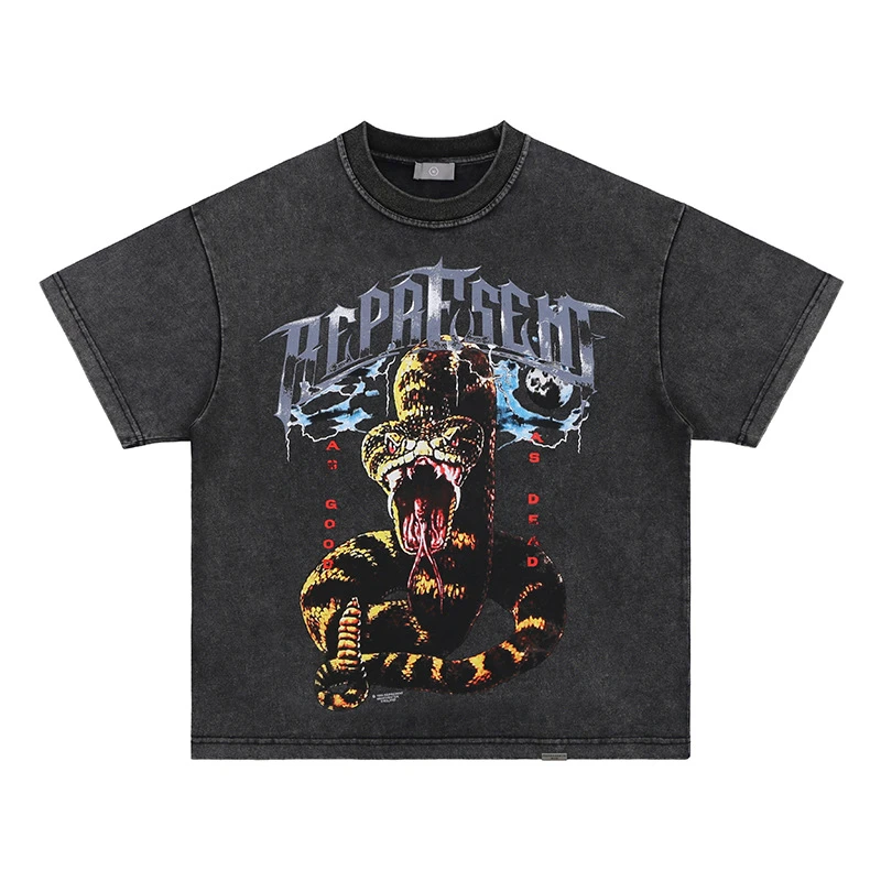 

New 2022 Vintage T-shirts Women Python Print Washed High Street Tide Loose Short Sleeve Shirt Men Casual Top Unisex RAINBOWWAVES