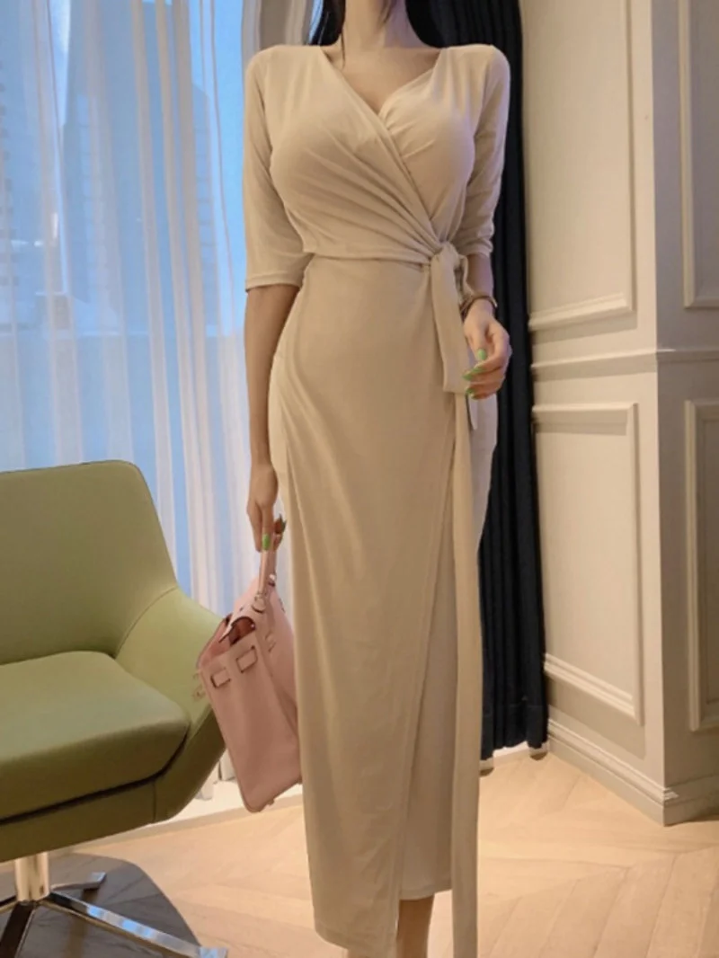 

Женское облегающее платье средней длины, элегантное платье с V-образным вырезом и высокой талией, модель K103 в Корейском стиле на весну и лето, 2023