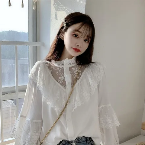 Spring Korean Sweet Loose Clothes Lace Up Ruffled Women Blouses Fashion Stand Collat Ladies Tops Vintage Lace Shirts Women 11335