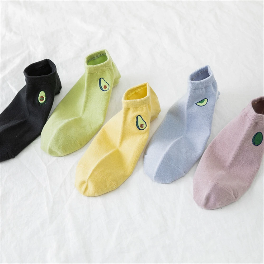 

Women's New Embroidery Happy Avocado Short Cotton Socks Fresh Candy Color College Style Breathable Sox Dropship